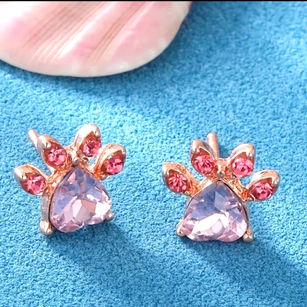 PAW Print Pink  Sparkle Gemstone Copper Post Earrings